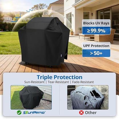 SunPatio Grill Cover 50 Inch, Outdoor Heavy Duty Waterproof Barbecue Gas Cover, UV & Fade Resistant, All Weather Protection Compatible for Weber CharBroil Kenmore Nexgrill Grills and More, Black