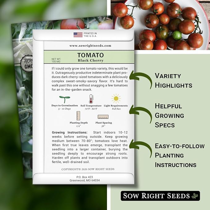 Sow Right Seeds - Black Cherry Tomato Seeds for Planting - Non-GMO Heirloom Packet with Instructions to Plant a Home Vegetable Garden - Tasty Snacking Variety, Start Indoors - Indeterminate (4)