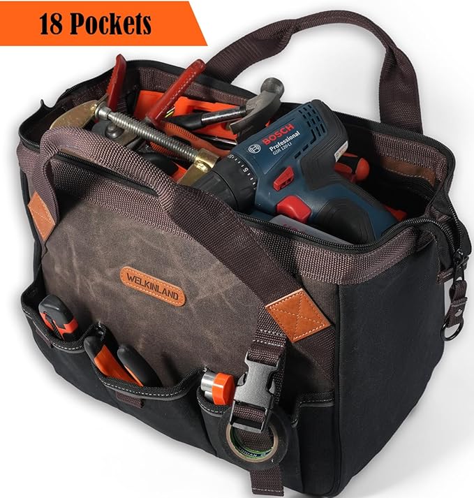 WELKINLAND 18 Pockets Electrician Tools Bag,14" Heavy Duty Plumber Tool Bags, Waxed Canvas Tools Bags, Large-Opening Tool Bags For Men, 25L Hand Tools Bag With Zipper