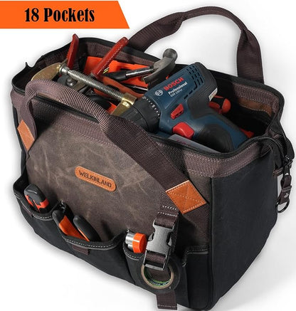 WELKINLAND 18 Pockets Electrician Tools Bag,14" Heavy Duty Plumber Tool Bags, Waxed Canvas Tools Bags, Large-Opening Tool Bags For Men, 25L Hand Tools Bag With Zipper