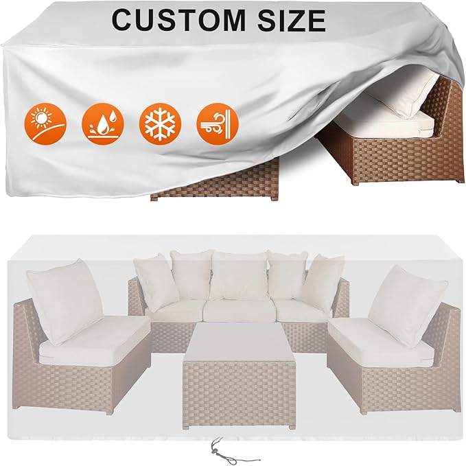 Patio Furniture Cover Rectangle 84"(L) x 56"(W) x 30"(H), Custom Heavy Duty 420D Waterproof Outdoor Cover with Drawstring & Buckles for Table Chair Garden, Silver