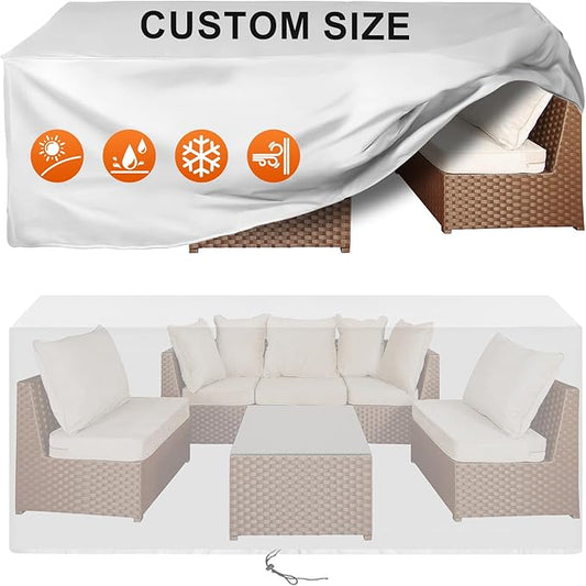 Patio Furniture Cover Rectangle 112"(L) x 56"(W) x 36"(H), Custom Heavy Duty 420D Waterproof Outdoor Cover with Drawstring & Buckles for Table Chair Garden, Silver