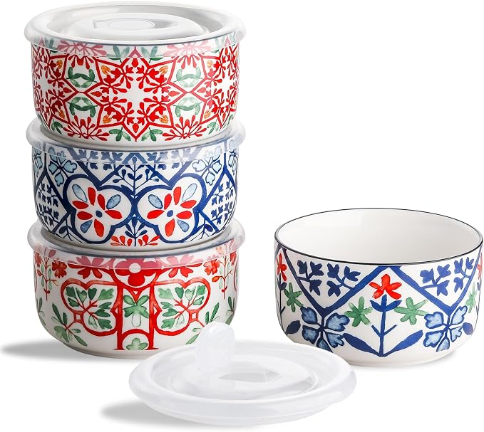 Ceramic Bowl with Lid, Microwave Safe, Set of 4 | Food Storage Containers for Soup, Meal Prep, Cereal, Salad Leftovers - Picnic, Camping, Office Lunch - 20 oz, A-Pattern