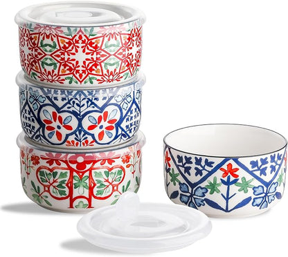 Ceramic Bowl with Lid, Microwave Safe, Set of 4 | Food Storage Containers for Soup, Meal Prep, Cereal, Salad Leftovers - Picnic, Camping, Office Lunch - 20 oz, A-Pattern