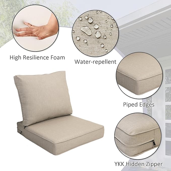 COZYVIDA Outdoor/Indoor 24x27.5 inch Deep Seat Patio Cushions Set of 2 Resilient Foam Filling Water Repellent Stain-Resistant UV Resistant Weather Resistant Patio Cushions Putty