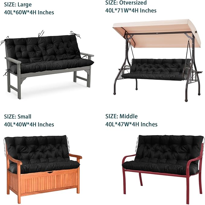 Swing Replacement Seat Cushions, 2-3 Seater Bench Cushions for Outdoor Furnitur with Backrest, Garden Recliner Seat Cushions Waterproof Sofa Pads (Black, 71x40in)
