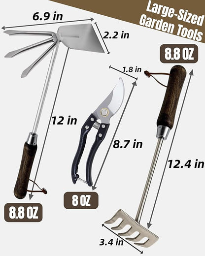 Garden Tool Set, 6PCS Heavy Duty Stainless Steel Gardening Hand Tools with Ropes, Includes Hand Cultivator Shovel Trowel Transplanter 2-in-1 Hoe Pruner, Ideal Gardening Gifts for Women Men (Classic)