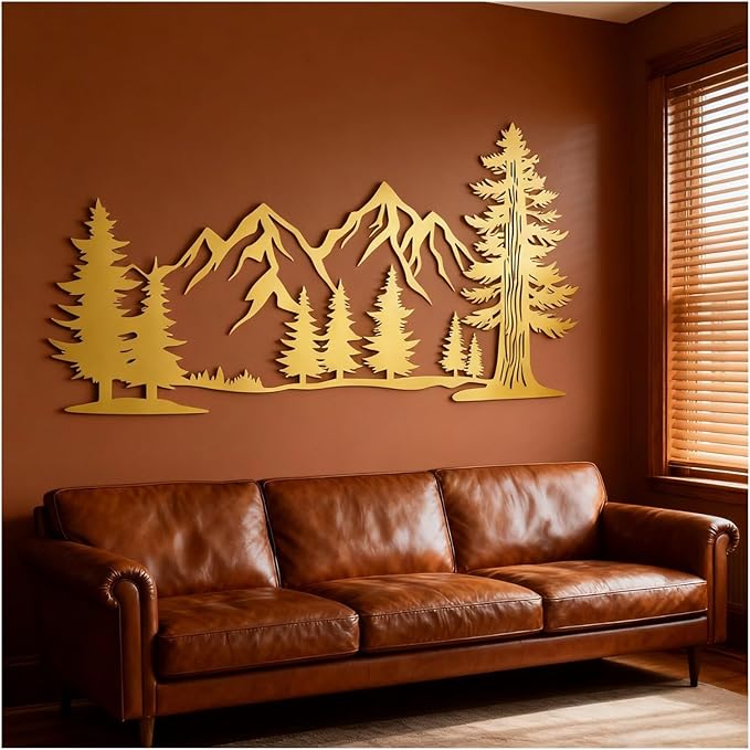 Metal Mountain Wall Art, Large Size Mountain Wall Decor, Tree Art Wall Hangings For Living Room, Bedroom, Outdoor(White,41x23 in/105x58cm)