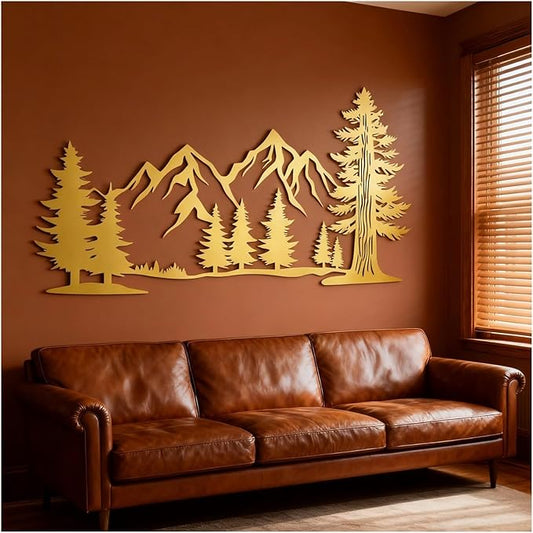 Metal Mountain Wall Art, Large Size Mountain Wall Decor, Tree Art Wall Hangings For Living Room, Bedroom, Outdoor(Gold,41x23 in/105x58cm)