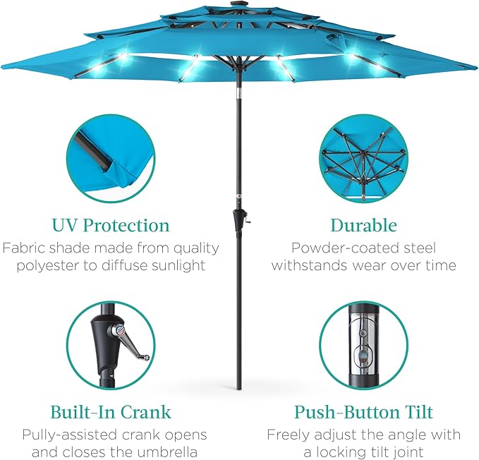 Best Choice Products 10ft 3-Tier Solar Patio Umbrella, Outdoor Market Sun Shade for Backyard, Deck, Poolside w/ 24 LED Lights, Tilt Adjustment, Easy Crank, 8 Ribs - Sky Blue