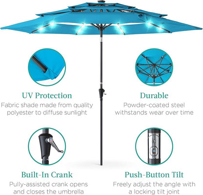 Best Choice Products 10ft 3-Tier Solar Patio Umbrella, Outdoor Market Sun Shade for Backyard, Deck, Poolside w/ 24 LED Lights, Tilt Adjustment, Easy Crank, 8 Ribs - Sky Blue