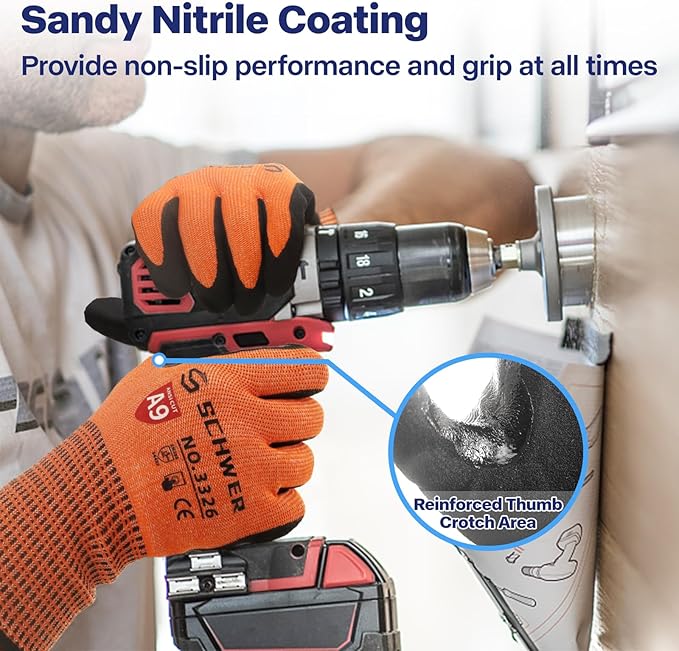 Schwer ProGuard Highest Level Cut Resistant Work Gloves PR3326 for Extreme Protection，ANSI A9 Cut Gloves with Reinforced Thumb, Non Slip, Breathable, Durable, Touch-screen, Orange1 Pair（S）