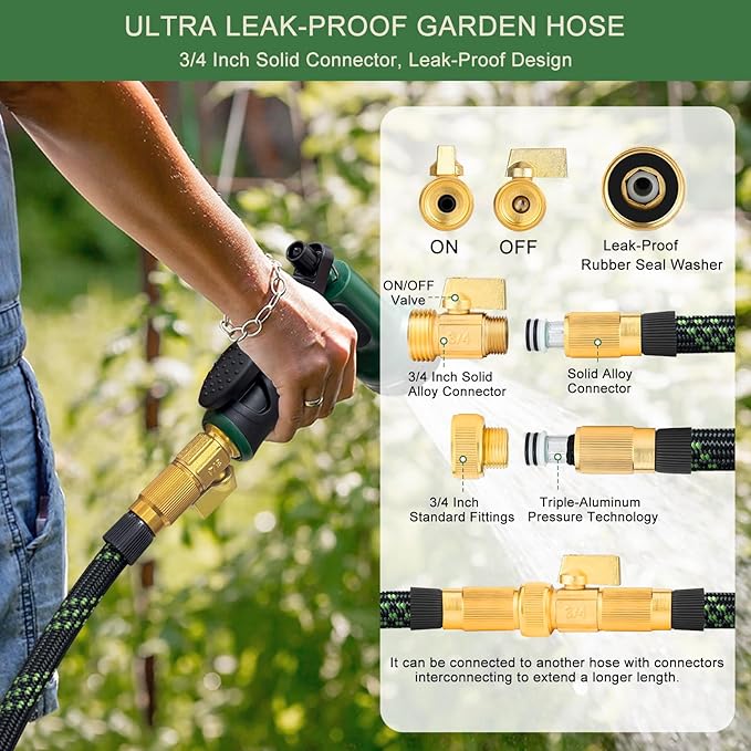 Garden Hose Non-Expandable 25 ft, Lightweight Flexible Water Hose with 10 Function Spray Nozzle, Outdoor Leak Proof, Kink-Free, Portable Hose for Yard, Lawn, Camper, High-Density Fabric, Black Green