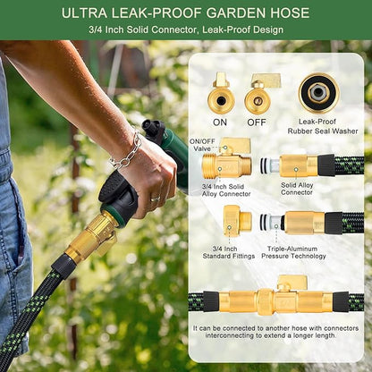 Garden Hose Non-Expandable 75 ft, Lightweight Flexible Water Hose with 10 Function Spray Nozzle, Outdoor Leak Proof, Kink-Free, Portable Hose for Yard, Lawn, Camper, High-Density Fabric, Black Green