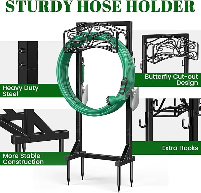 Sunvigor Freestanding Garden Hose Holder Stand, Heavy Duty Hose Reel Alternative with 2 Tool Hooks, Holds 150FT Water Hose, 4-Spike Stable Base, No-Drill Hose Storage for Outside Yard Lawn Garden