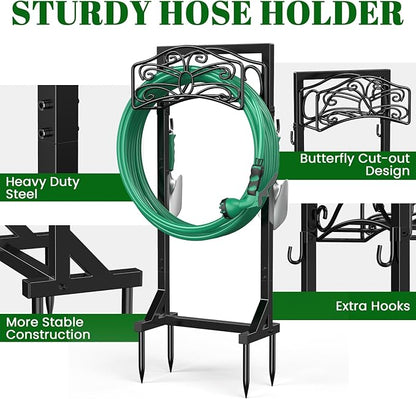 Sunvigor Freestanding Garden Hose Holder Stand, Heavy Duty Hose Reel Alternative with 2 Tool Hooks, Holds 150FT Water Hose, 4-Spike Stable Base, No-Drill Hose Storage for Outside Yard Lawn Garden