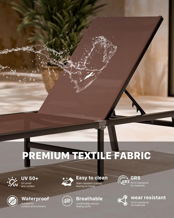 Patio Lounge Chair, Aluminum Foldable 5-Position, 1 Pack,Brown | Lightweight rustproof aluminum. Breathable quick-dry fabric. Full flat recline for sunbathing. Poolside, deck, beach, lawn.