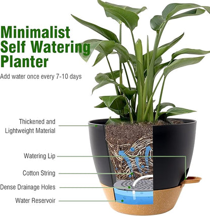 8 inch Self Watering Pots, 2 Pack Plastic Planters with Mesh Drainage Holes for Garden Plants and Flower, Plants Pots with Deep Reservoir for Indoor Outdoor Plants, Black with Brown