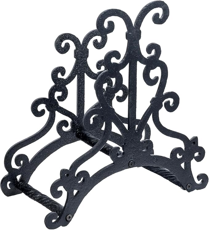 MyGift Brown Heavy Duty Cast Iron Outdoor Garden Hose Hanger Wall Mounted Water Hose Holder Reel with Vintage Scrollwork Design (Floral Pattern)