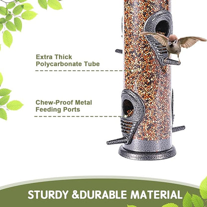 MIXXIDEA 1PK Metal Wild Bird Feeder,Squirrel Proof Bird Feeders for Outside,Hanging 6 Port Tube Bird Feeder Transparent Finch Bird Feeder for Attracting Birds in Your Lawn, Garden, Balcony-Gray