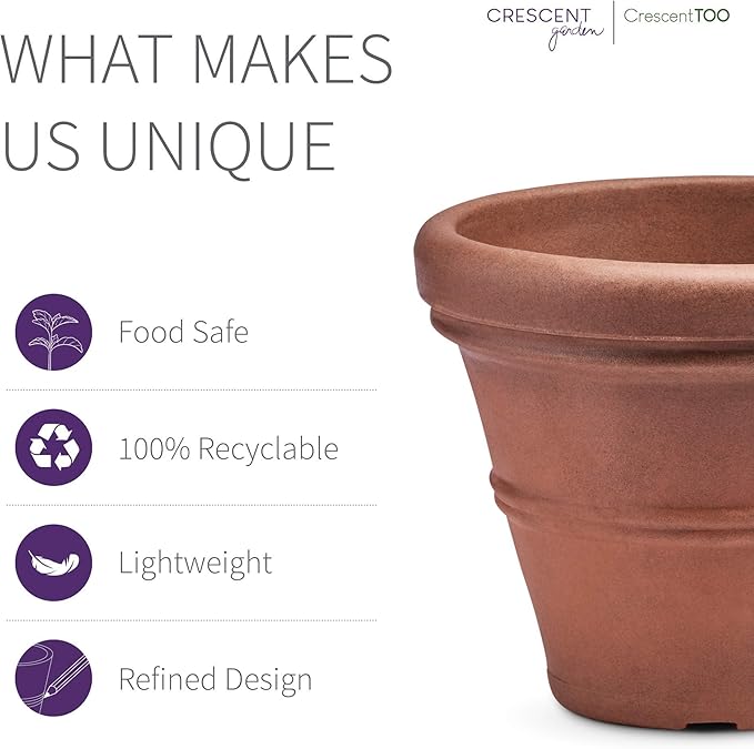 Crescent Garden Brunello Small Classic Rolled Rim Planter Pot, Indoor/Outdoor Weather-Safe Round Plant Pot, Small Resin Houseplant Pot - 12'' W (Rust)