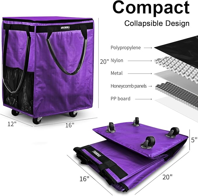 (Medium,Violet) Reusable Grocery Bag on Wheels, 70L Foldable Rolling Tote, Carries Up to 66 lbs Shopping Trolley, Zipper Clouser Shopping Carts for Trips, Laundry, 4 Heavy Duty Wheels and 3 Handles | Bag on Wheels, Foldable