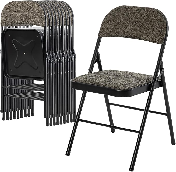 DUMOS 10 Pack Folding Chairs with Padded Cushion and Back - Fabric Stackable Portable Dining Chairs Set, for Home and Office, Conference, Wedding, Party, Patio, Garden, for Indoor Outdoor, Black Grey