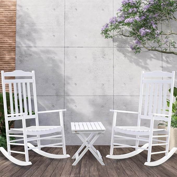 Outdoor Patio Wooden Rocking Chairs Set 3 Piece, Furniture Comfy Rockers for Adults Porch Lawn Room Outside Indoor, White