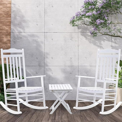 Outdoor Patio Wooden Rocking Chairs Set 3 Piece, Furniture Comfy Rockers for Adults Porch Lawn Room Outside Indoor, White