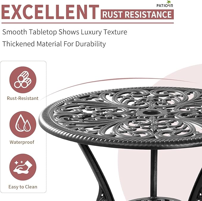 3 Piece Outdoor Bistro Set, Rustproof Outdoor Patio Furniture, Cast Aluminum Bistro Table Set with Umbrella Hole for Backyard, Balcony, Front Porch, Lawn, Pool (Black)
