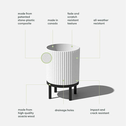 Veradek Demi Series Round Planter w/Stand for Porch/Patio | Durable Plastic-Stone Composite & Wooden Stand | Modern Décor for Tall Plants, Flowers