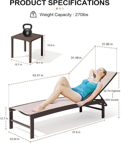 Crestlive Products 2PCS Chaise Lounge Chairs Outdoor with 1PC Side Table, Aluminum Patio Lounge Set, Adjustable Five-Position Recliner for Beach, Pool, Sunbathing, Lawn, Yard