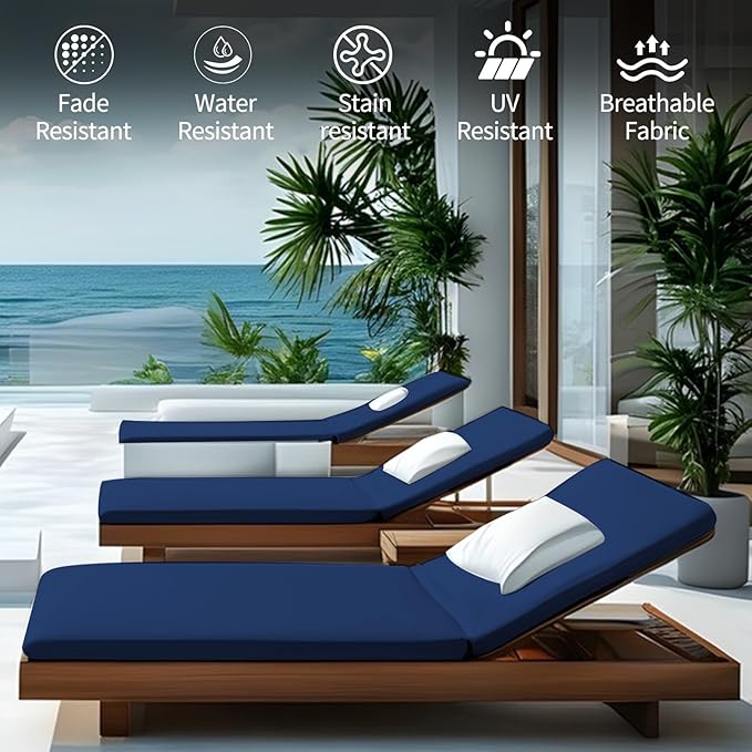 Outdoor Chaise Lounge Cushions for Patio, Lounge Chair Cushions, Waterproof Replacement Seat Pads for Outdoor Furniture (1, Blue, 80"x26"x3")