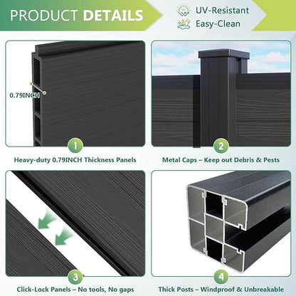 Mondaria Fence Privacy Screen with 8ft In-ground Posts, 6ft(H) x36ft(W) Wood Plastic Composite Fence Panels Weather-Resistant Outdoor Fence for Backyard/Garden (Silver Gray, 7 Posts)