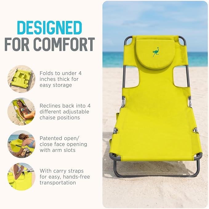 Ostrich the Original Chaise 72 x 22 Inch Lounge Portable Reclining Lounger, Outdoor Patio, Beach, Lawn, Camping, or Pool Tanning Chair, Lime Green