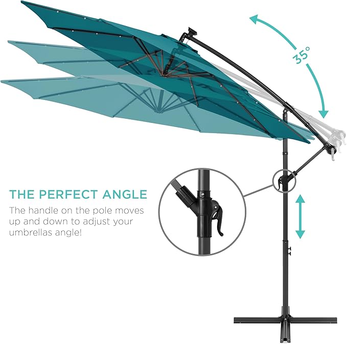 Best Choice Products 10ft Solar LED Offset Hanging Market Patio Umbrella for Backyard, Poolside, Lawn and Garden w/Easy Tilt Adjustment, Polyester Shade, 8 Ribs - Cerulean