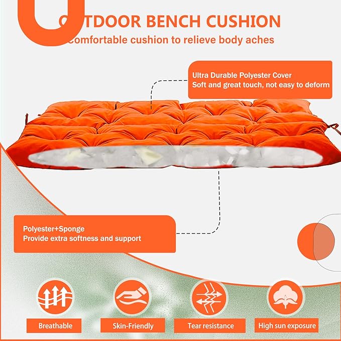 2/3 Seater Swing Replacement Cushion, Waterproof Porch Swing Cushions with Backrest, Thickened Bench Cushions for Outdoor Furniture, for Outdoor Patio Swing (Orange, 47 * 40 in)