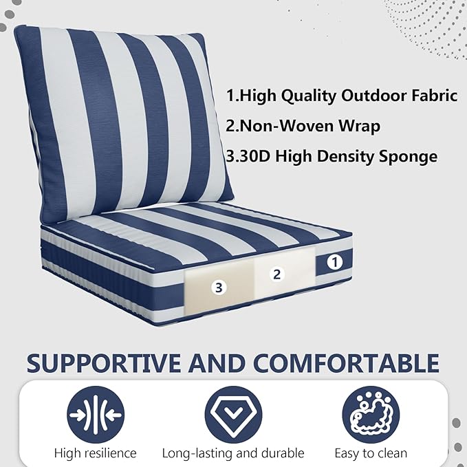 22" x 22" x 6" Outdoor Deep Seat Cushions Set - 2 Set Waterproof & Fade Resistant Patio Furniture Replacement Cushions, Non-Slip Outdoor Cushions Fit Loveseats, Couches, Chairs, and Sofas.