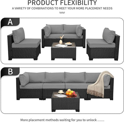 WAROOM Outdoor Patio PE Wicker 5 Piece Furniture Set, Black Rattan Sectional Conversation Sofa Chair with Coffee Table, Grey Cushion