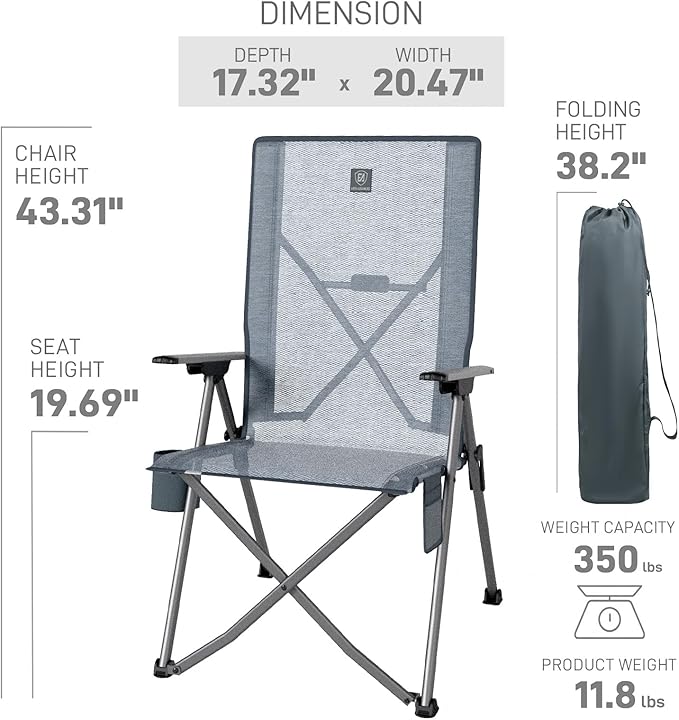 EVER ADVANCED Reclining Camping Chairs for Adult Lightweight, Portable Compact Folding Chair with High Back, 4-Level Recliner Chairs, Lawn Chair for Patio Balcony, Supports 350lbs, Stretch Mesh Grey