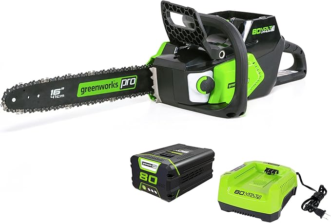 Greenworks 80V 16" Brushless Cordless Chainsaw (Great For Tree Felling, Limbing, Pruning, and Firewood / 75+ Compatible Tools), 2.0Ah Battery and Charger Included