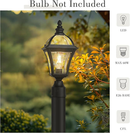 Emliviar Farmhouse Outdoor Post Lighting, Exterior Pole Lantern with Seeded Glass, 16.7" Post Lamp for Garden, Driveway & Pathway, XE266P-S BK