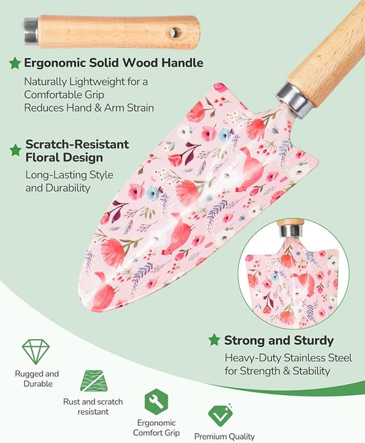 Grenebo Gardening Tools, 10-Piece Gardening Gift Set for Women, Rust-Proof & Heavy-Duty Tools with Floral Organizer Bag, Fashionable & Thoughtful Gift for Garden Women (Pink)