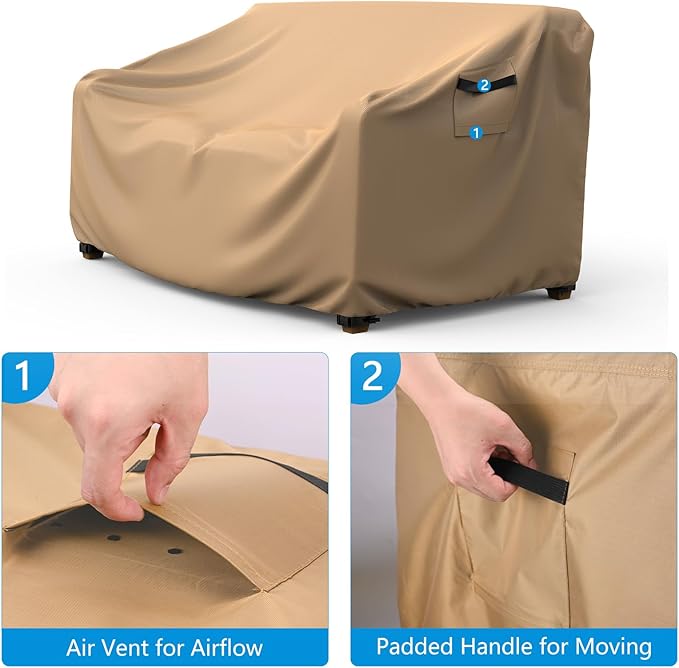 Heavy Duty Patio Sofa Cover, Mrrihand 3-Seater Outdoor Sofa Loveseat Cover, Outdoor Patio Furniture Cover with Air Vent and Handles, 88" W×33" D×32" H, Brown