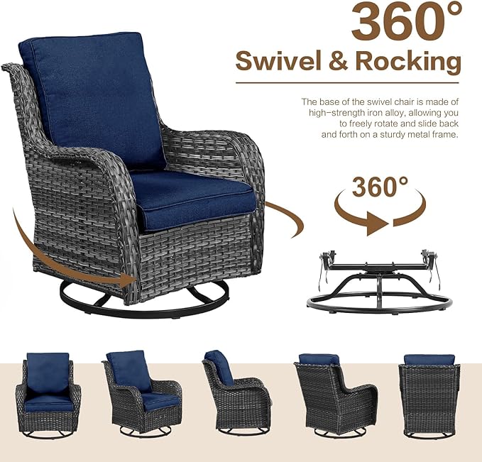 7 Pieces Outdoor Patio Furniture Conversation Set Rattan Wicker with Fire Pit Table, 3 Seat Sofa, 2 Swivel Rocker Chairs, 2 Ottomans and 1 Side Table for Yard Backyard (Grey/Navy Blue)