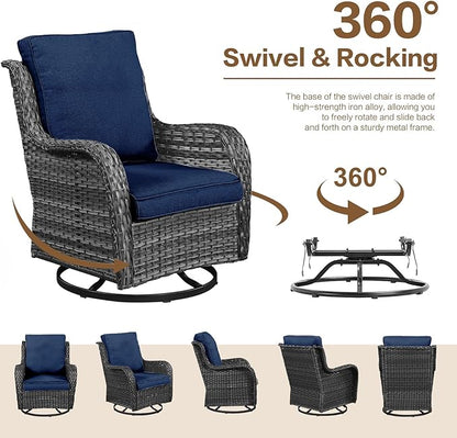 7 Pieces Outdoor Patio Furniture Conversation Set Rattan Wicker with Fire Pit Table, 3 Seat Sofa, 2 Swivel Rocker Chairs, 2 Ottomans and 1 Side Table for Yard Backyard (Grey/Navy Blue)
