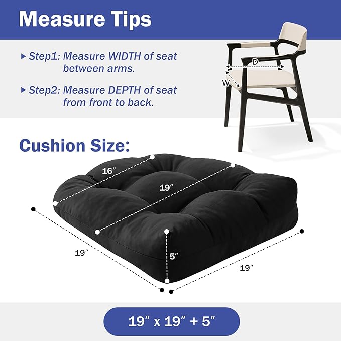 IPYNBAP Outdoor Chair Cushions Set of 4, Patio Chair Cushions with Ties,19x19+5” Tufted Outdoor Seat Cushions, Waterproof Patio Furniture Cushions, Outdoor Dining Chair Pads, Black
