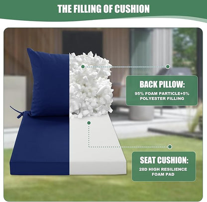 Outdoor Chair Cushions Set of 2, Waterproof Backrest and Deep Seat Cushion Set for Patio Furniture, Outdoor Replacement Cushions with Removable Cover, 22 x 22 Inch, Navy