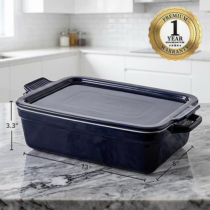 OVENTE Ceramic Baking Dish with Lid, 3 Quart Rectangular Stoneware Casserole Dish for Baking and Serving, Lasagna Pan Deep with Handles, Oven & Dishwasher Safe Bakeware, Ideal Home Gift, Blue BP13BL