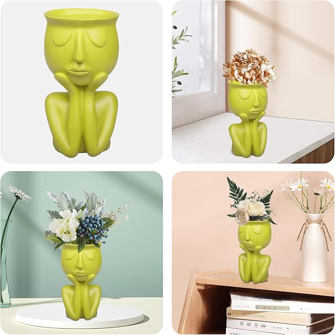 Simple and Creative Decorative Flower Pots, Resin Face Planter Pots, Vase for Small Succulent, Flower Pot Pencil Pen Holder, Minimalist Decorative, Modern Vases for Home Office Shelf Decor (Yellow)